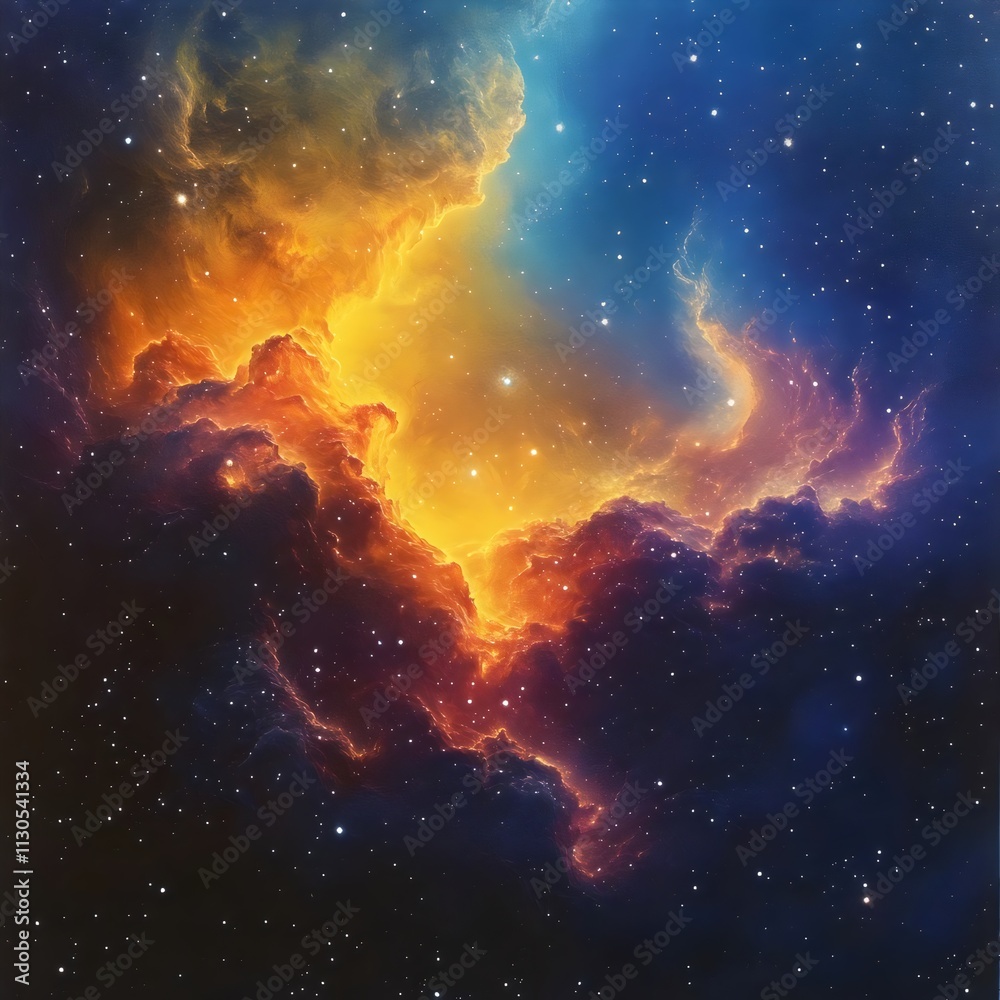 Fototapeta premium A painting of a colorful nebula with a blue sky background