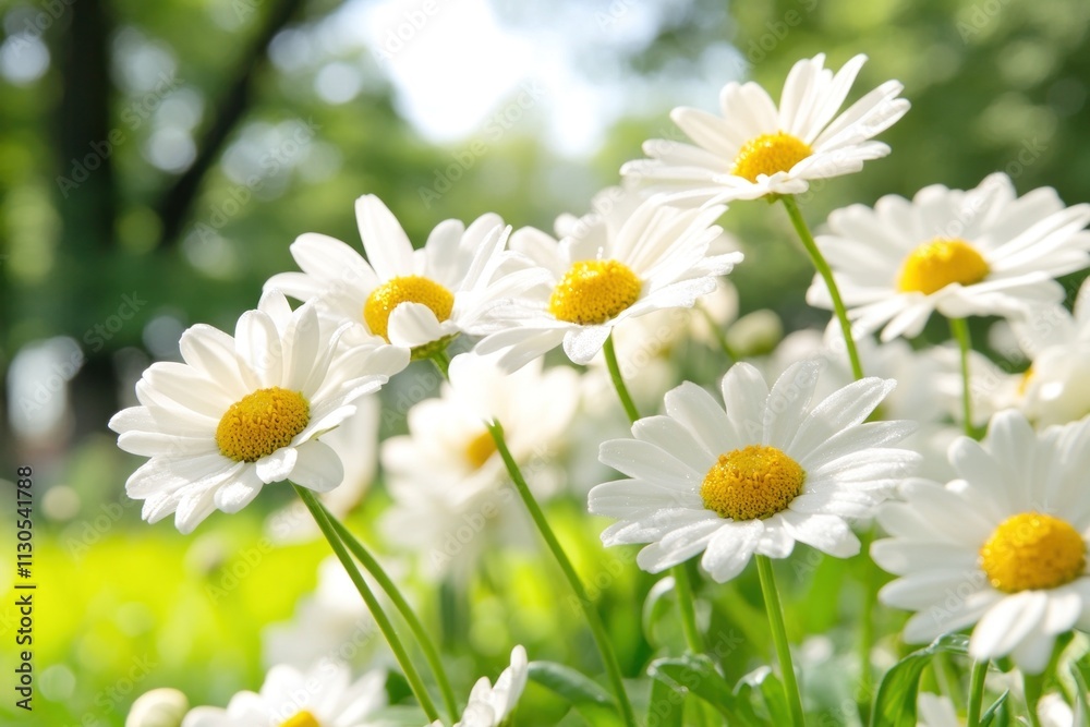 Fototapeta premium Daisies in full bloom display vibrant white petals and yellow centers, thriving amidst a verdant garden illuminated by gentle sunlight. Nature is alive with color and beauty