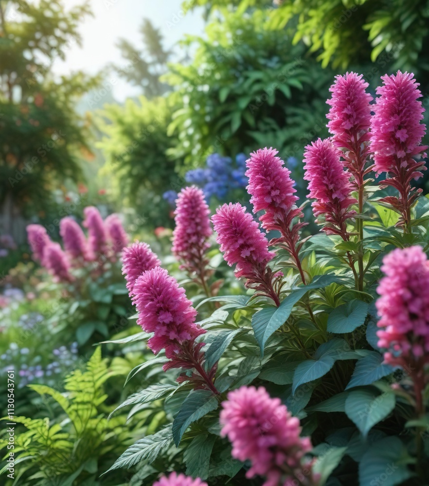 Obraz premium Delicate pink celosia flowers in a garden with green foliage and vibrant blue flowers surrounding them, flowers, delicate