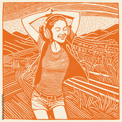 Girl listening to music with headphones and dancing outdoors, engraving style, vector illustration.