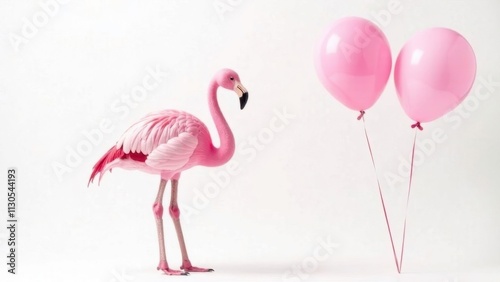 pink flamingo with balloons on white background, birthday greeting concept