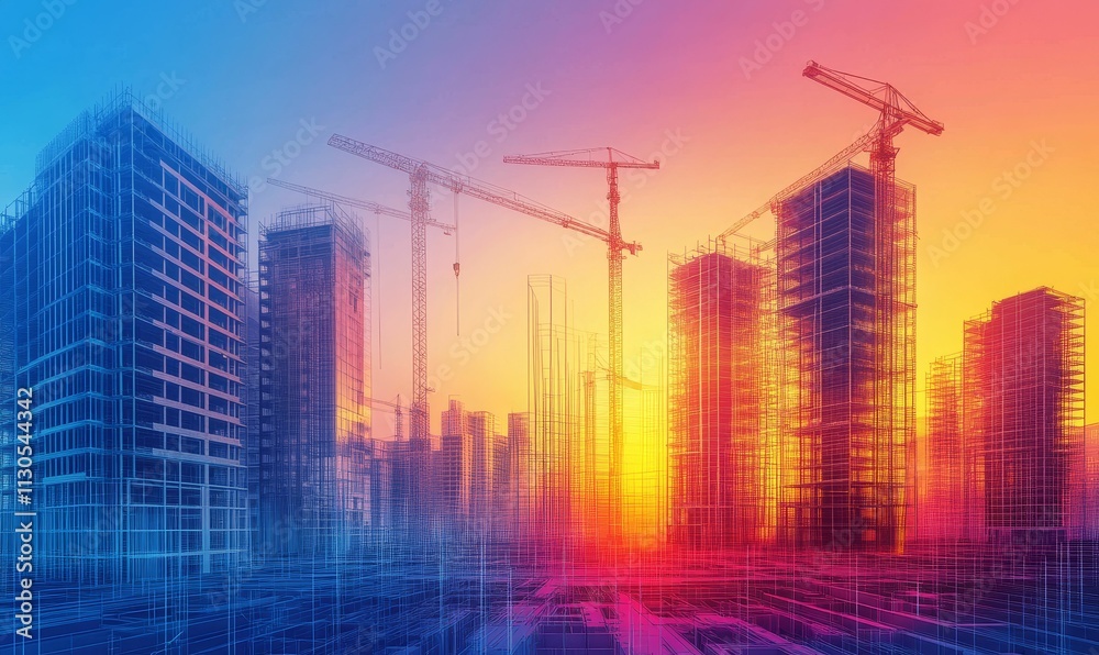 Obraz premium Sunset cityscape, under construction, cranes, framework.