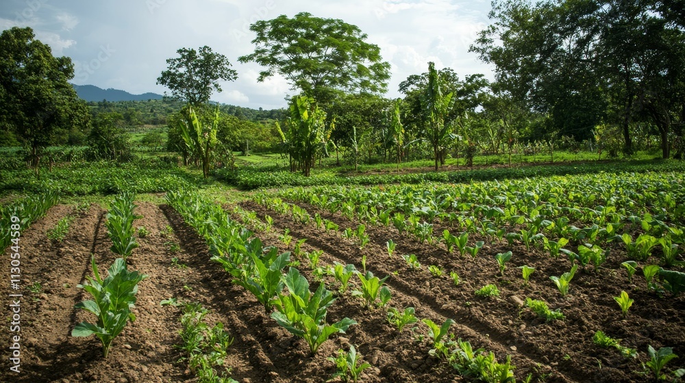 Obraz premium Rows of plants in a rural garden.