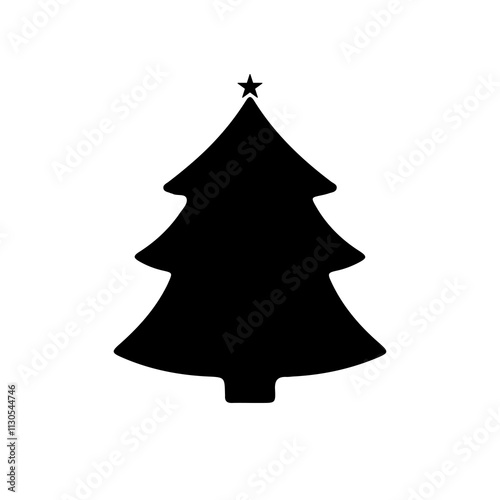 The image shows black silhouettes of Christmas trees in different styles. Each tree design is distinct, showcasing varying shapes and arrangements of branches. Some include a star on top