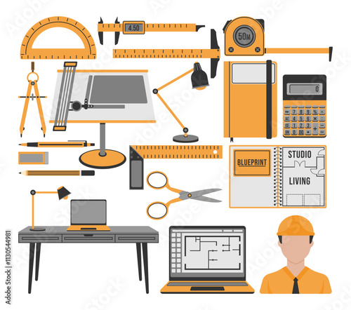 Architectural design icons featuring tools like blueprints, drafting table, ruler, compass, calculator, laptop, and a hard hat. Perfect for architecture, engineering, and construction themes.