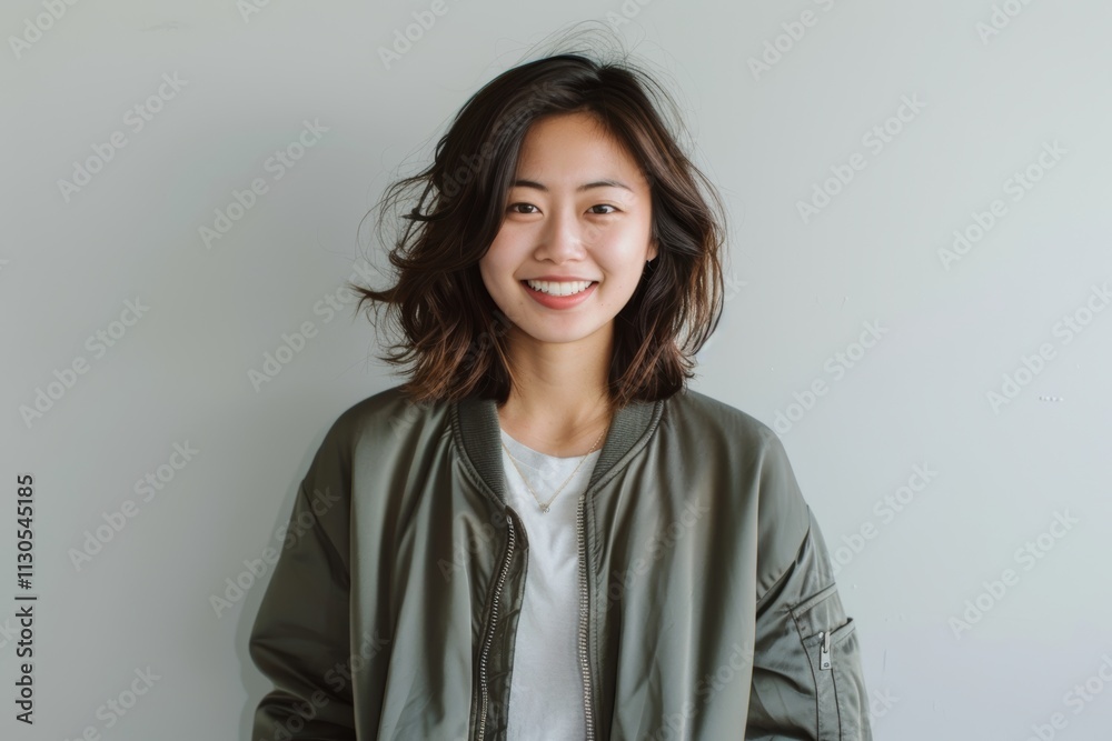 Fototapeta premium Portrait of a smiling asian woman in her 20s wearing a trendy bomber jacket in minimalist or empty room background