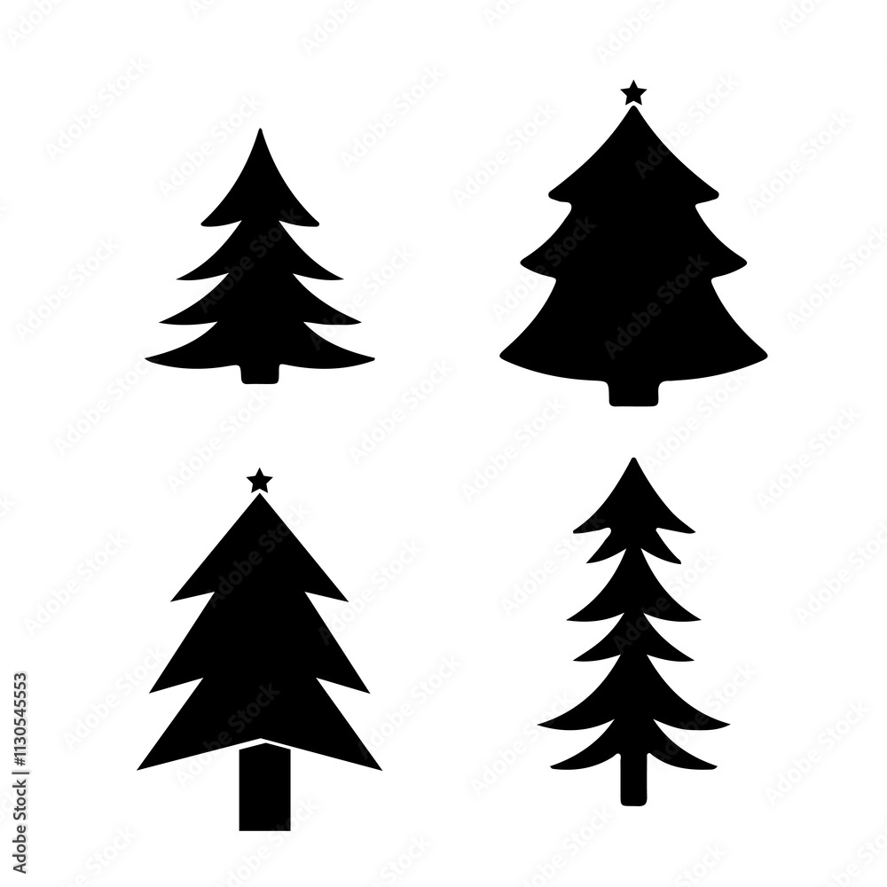 Fototapeta premium TThe image shows black silhouettes of Christmas trees in different styles. Each tree design is distinct, showcasing varying shapes and arrangements of branches. 