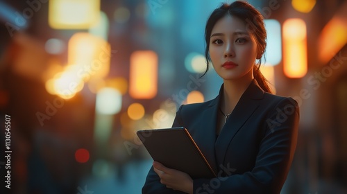 
Serious Elegant Businesswoman Standing on the Street with Arms Crossed