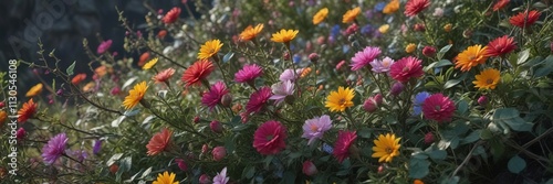 A dense tangle of thorny stems and colorful flowers, flowers, horrida photo