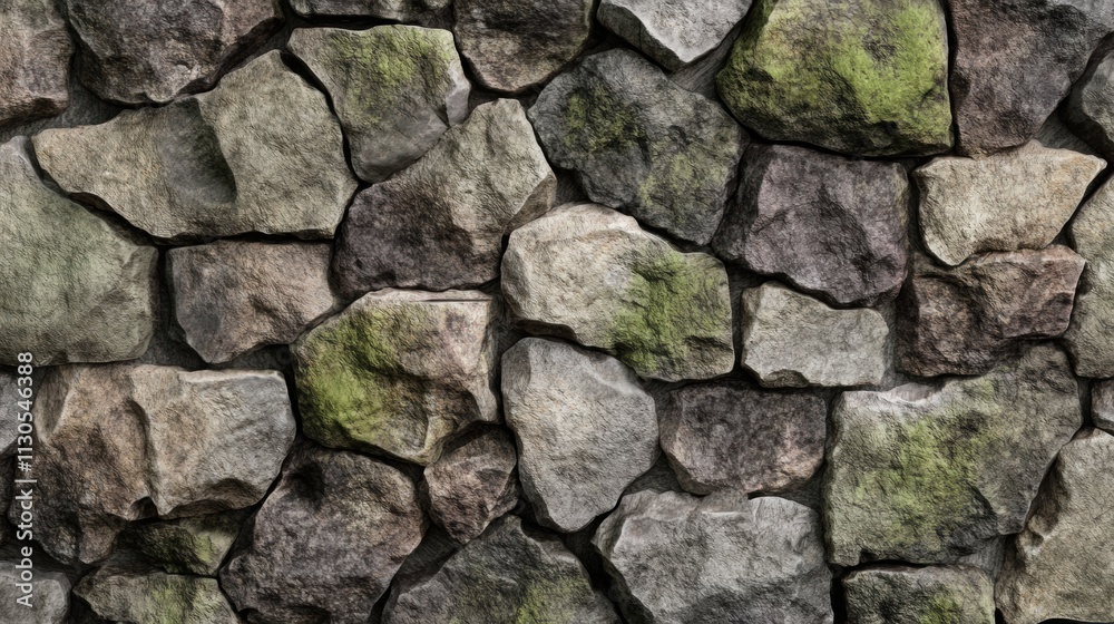 Obraz premium Rustic stone wall texture in shades of gray and mossy green