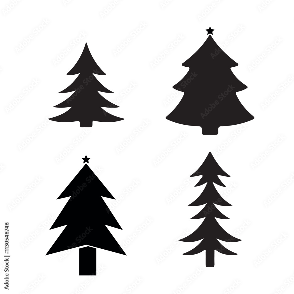 Obraz premium TThe image shows black silhouettes of Christmas trees in different styles. Each tree design is distinct, showcasing varying shapes and arrangements of branches. 