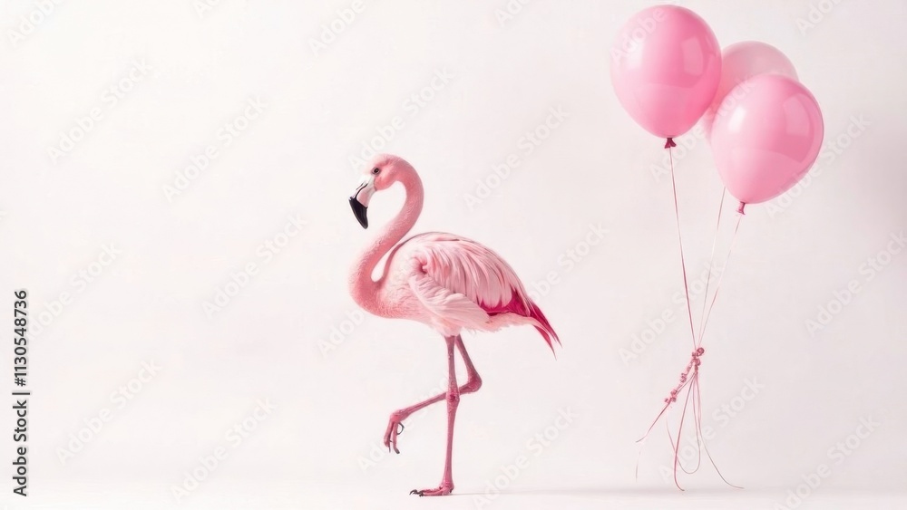 Fototapeta premium pink flamingo with balloons on white background, birthday greeting concept