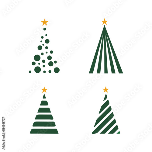 The image shows black silhouettes of Christmas trees in different styles. Each tree design is distinct, showcasing varying shapes and arrangements of branches. Some include a star on top