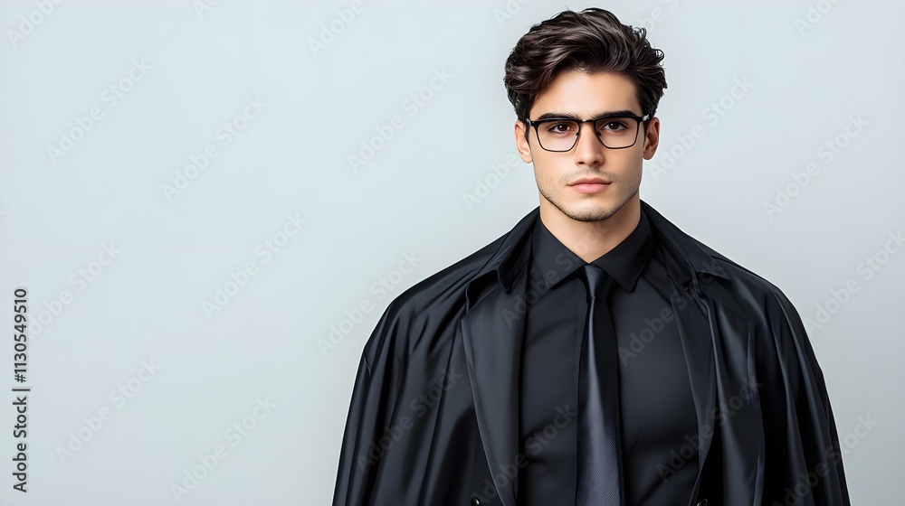 Obraz premium Stylish young man in formal attire with glasses and black coat, standing against light background, exuding confidence and sophistication, perfect for fashion and business themes
