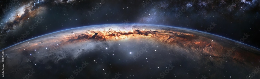 Fototapeta premium Wide-Angle View of Earth from Space with Blue Glow on Horizon and Stars in the Black Sky