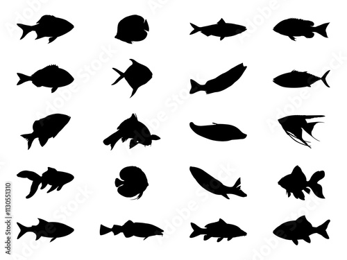 Set of Fish Silhouette in various poses isolated on white background