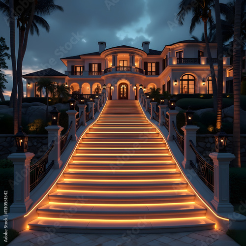 A close up of a lit up staircase leading to a large mansion