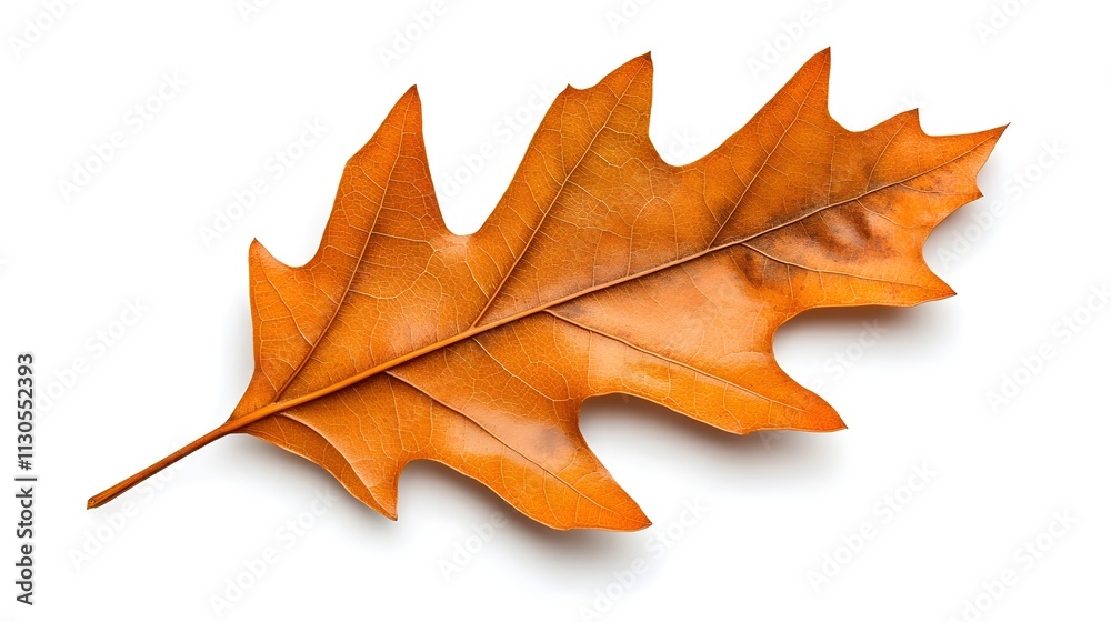 Naklejka premium Vibrant Autumn Oak Leaf Isolated on White Background Showcasing Rich Orange Color and Intricate Veins Perfect for Seasonal Themes and Nature Illustrations
