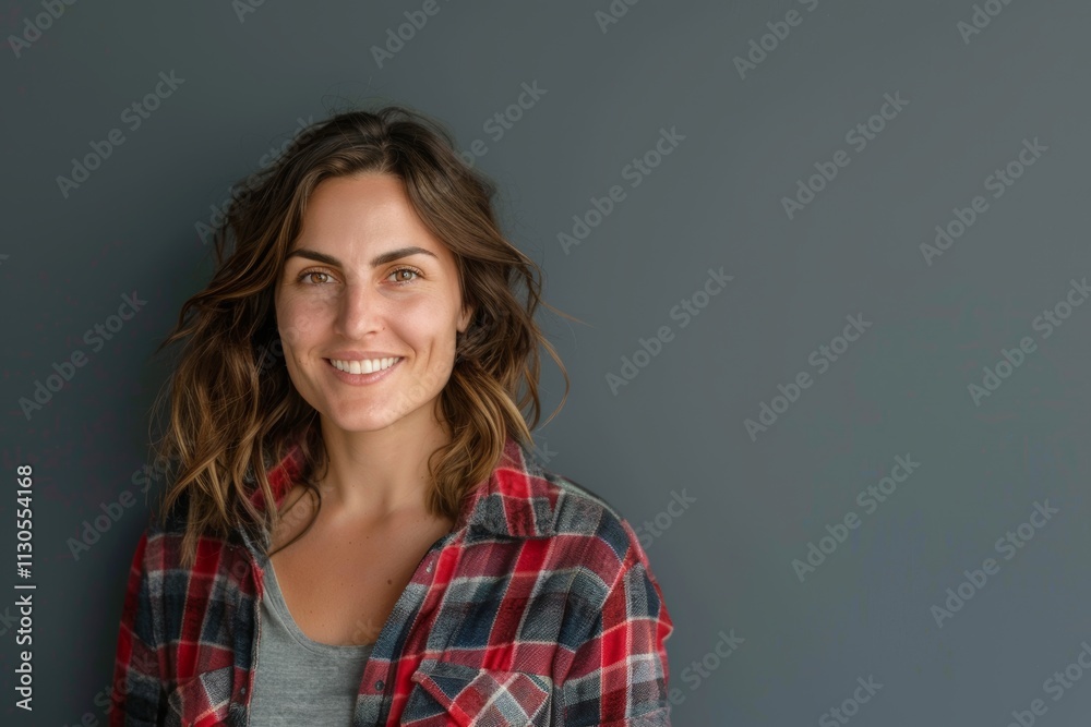 Fototapeta premium Portrait of a merry caucasian woman in her 30s wearing a comfy flannel shirt in front of solid color backdrop