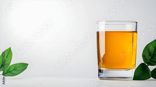 Refreshing glass of amber beverage surrounded by green leaves on a minimalist background highlighting natural and organic elements for wellness themes photo