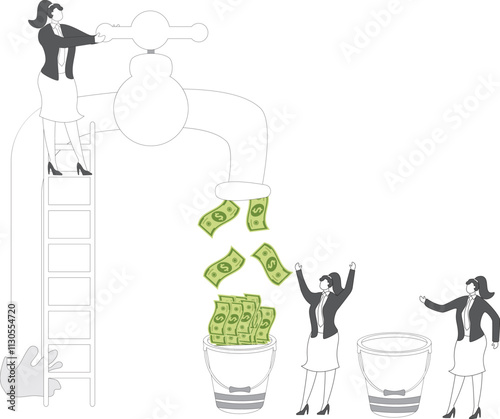Handouts, economic bailouts, cash is king, money flows, profits from business or investments, investments or stock market dividends, open taps flowing money businesswomen have taken buckets of water t