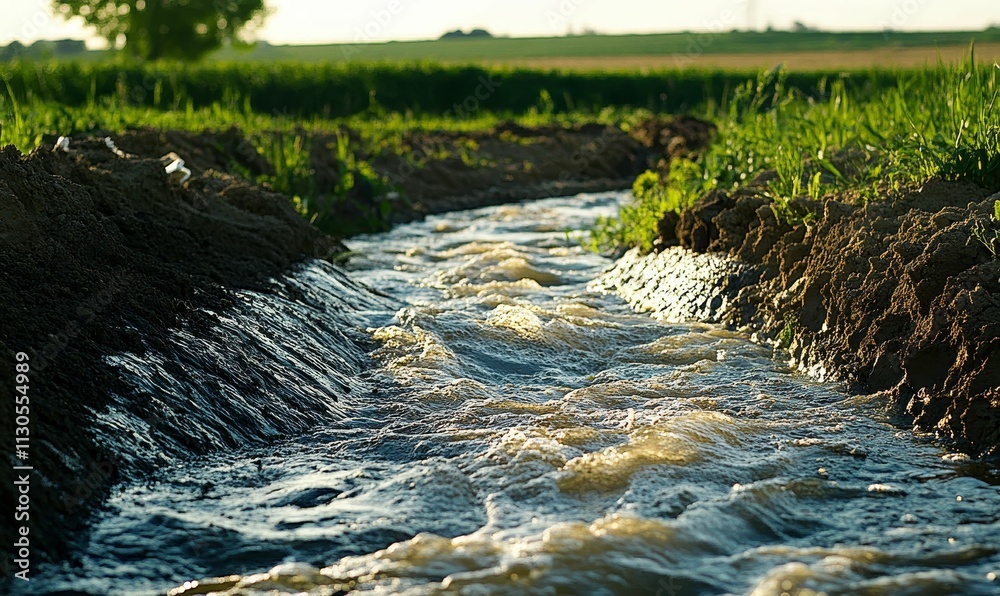 Naklejka premium Swift water flows through a grassy field's ditch.