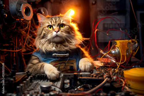 A fun illustration of a cat playfully interacting with an electric mechanic setup, with wires and cables surrounding a car. The concept combines a sense of whimsy with the world of mechanics photo