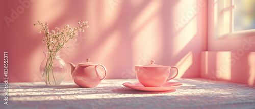 Wallpaper Mural Pink Tea Set with Flowers in Sunlight. Torontodigital.ca