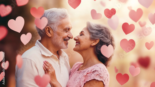 Elderly couple in love surrounded by floating paper hearts. Love knows no age. Valentine's Day concept photo