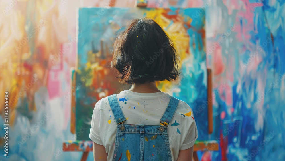 Fototapeta premium A young female artist, covered in paint and wearing denim overalls, stands with her back to the camera, looking at an easel with a painting in an art studio.