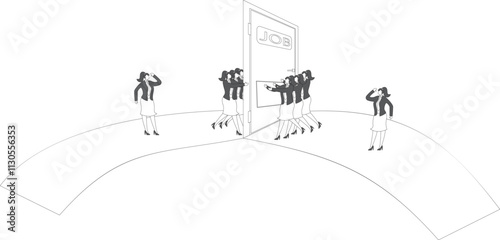 Career recruitment and competition, waves of unemployment, fierce competition for jobs, a group of businesswomen inside the gate against a group outside the gate