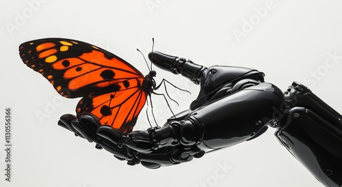 Robot Hand Holding an Orange and Black Butterfly. AI generated illustration