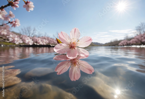 A delicate cherry blossom with soft pink petals blooms gracefully, its gentle beauty glowing in the sunlight. Each petal’s fine texture adds charm, evoking peace and renewal. photo