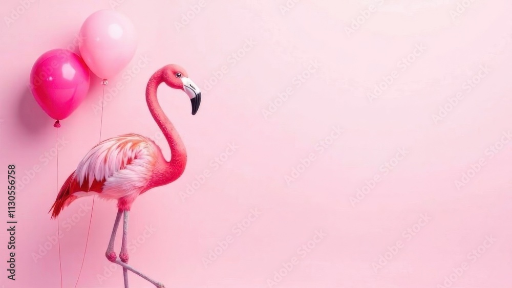 Fototapeta premium pink flamingo with pink balloons on pink background, birthday greeting concept, space for text, card layout
