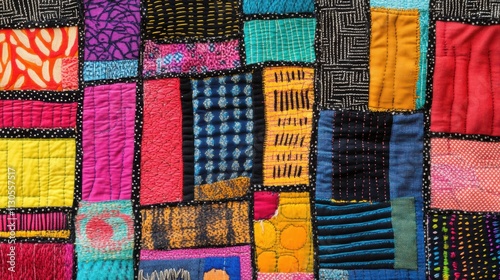 Textile art piece with patchwork patterns and vibrant stitching in bright colors photo