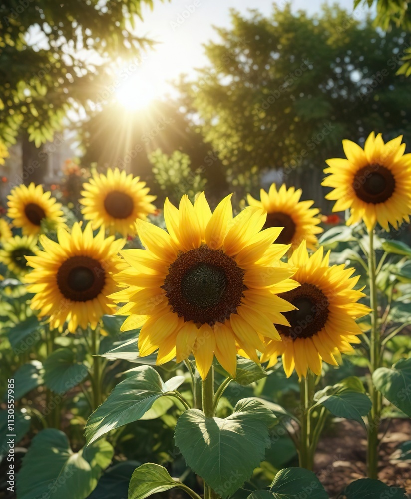 Fototapeta premium A cluster of sunflowers in a garden, their large bright yellow petals shining like a ray of sunshine on a summer afternoon , happy, vibrant