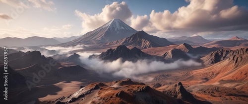 A cloud-filled valley below a dormant volcano, mountain, misty, nature
