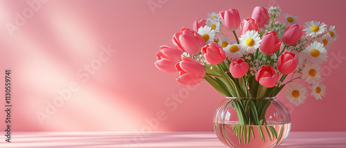 Pink Tulips and Daisies in Glass Vase.