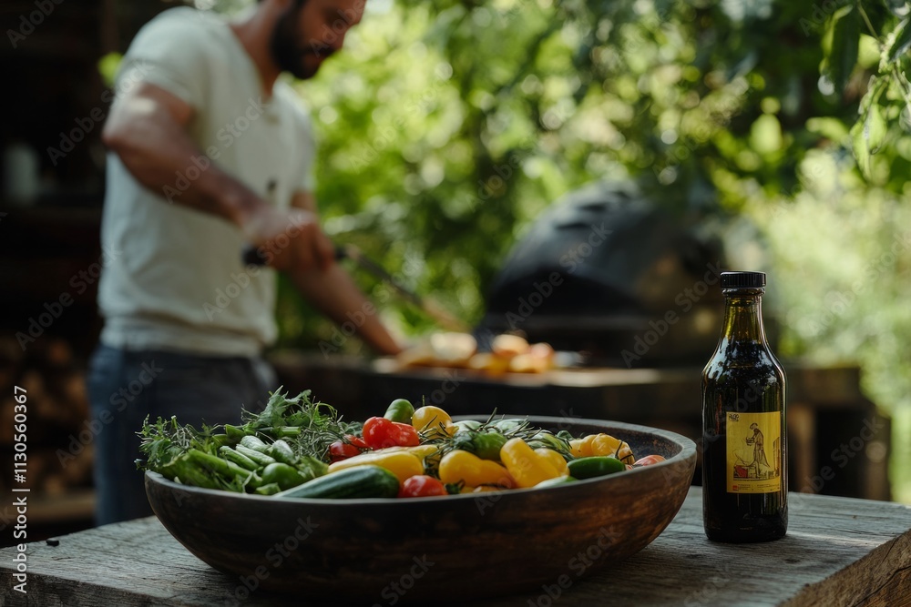 Naklejka premium close-up of a bowl of salad, a man barbecuing in the background is blurred 