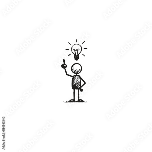 Stick Figure Sketch Representing Creativity With Lightbulb and Inspiration. Conceptual illustration of a stick figure with a glowing lightbulb, symbolizing innovation and ideas.