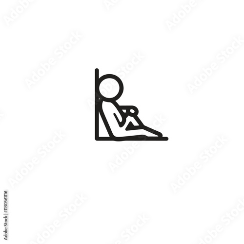 Black and white illustration of a person sitting against a wall, conveying isolation or introspection. Minimalist design suitable for themes of mental health, solitude, or philosophical contemplation.