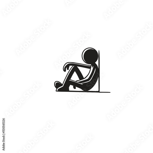 Black and white illustration of a person sitting against a wall, conveying isolation or introspection. Minimalist design suitable for themes of mental health, solitude, or philosophical contemplation.