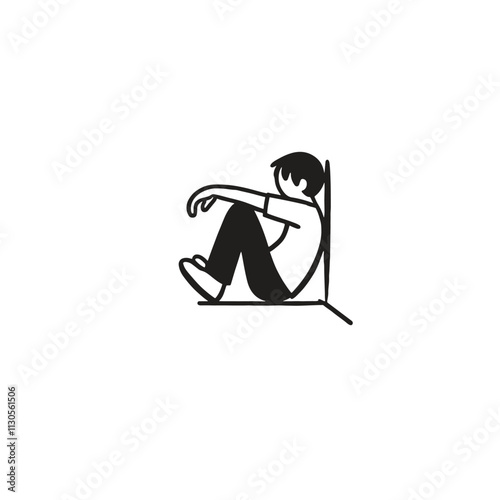 Illustration of Seated Person Depicting Solitude and Reflection in Black and White. Perfect for expressing feelings of introspection, contemplation, or solitude in visual storytelling, presentations, 