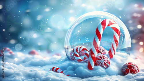 Christmas snow globe with candy cane inside a snowy scene, rendered in 3D transparent glass. Realistic holiday design perfect for seasonal greetings, festive banners, or New Year decorations.