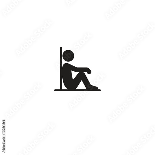 Black and white illustration of a person sitting against a wall, conveying isolation or introspection. Minimalist design suitable for themes of mental health, solitude, or philosophical contemplation.