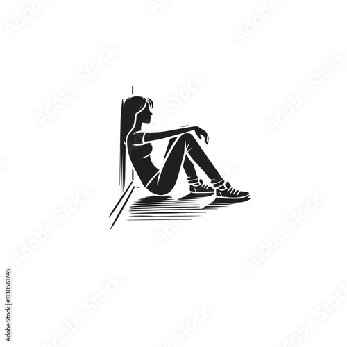 A simple black and white illustration of a woman sitting on the ground against a wall, reflecting composure and thoughtfulness, rendered in a minimalist artistic style. 

