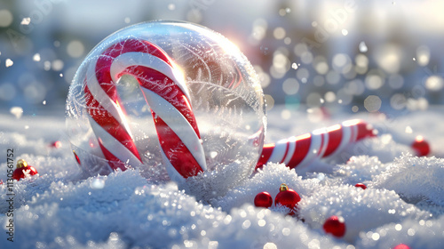 Christmas snow globe with candy cane inside a snowy scene, rendered in 3D transparent glass. Realistic holiday design perfect for seasonal greetings, festive banners, or New Year decorations.