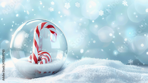 Christmas snow globe with candy cane inside a snowy scene, rendered in 3D transparent glass. Realistic holiday design perfect for seasonal greetings, festive banners, or New Year decorations.