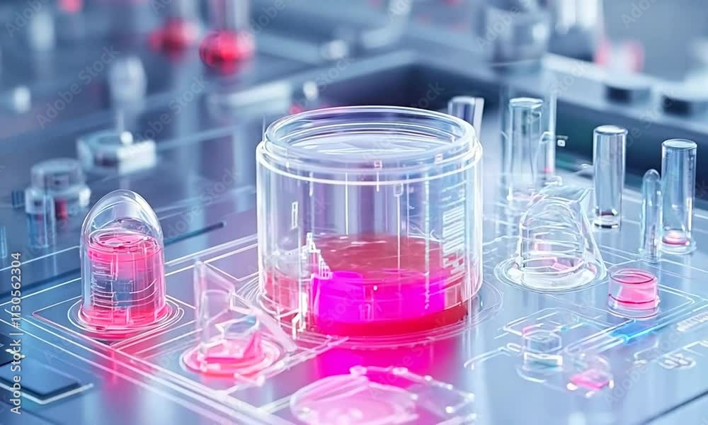 A futuristic laboratory scene featuring glassware and digital interfaces for scientific research.