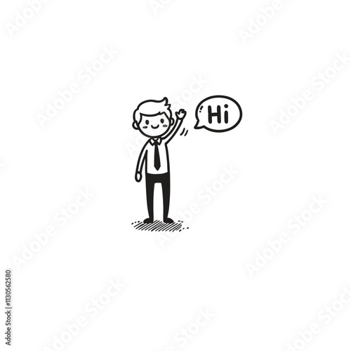 Illustration of a Friendly Businessman Waving with Speech Bubble Saying Hi. Black and white cartoon style illustration of a friendly businessman waving and greeting with a cheerful attitude.